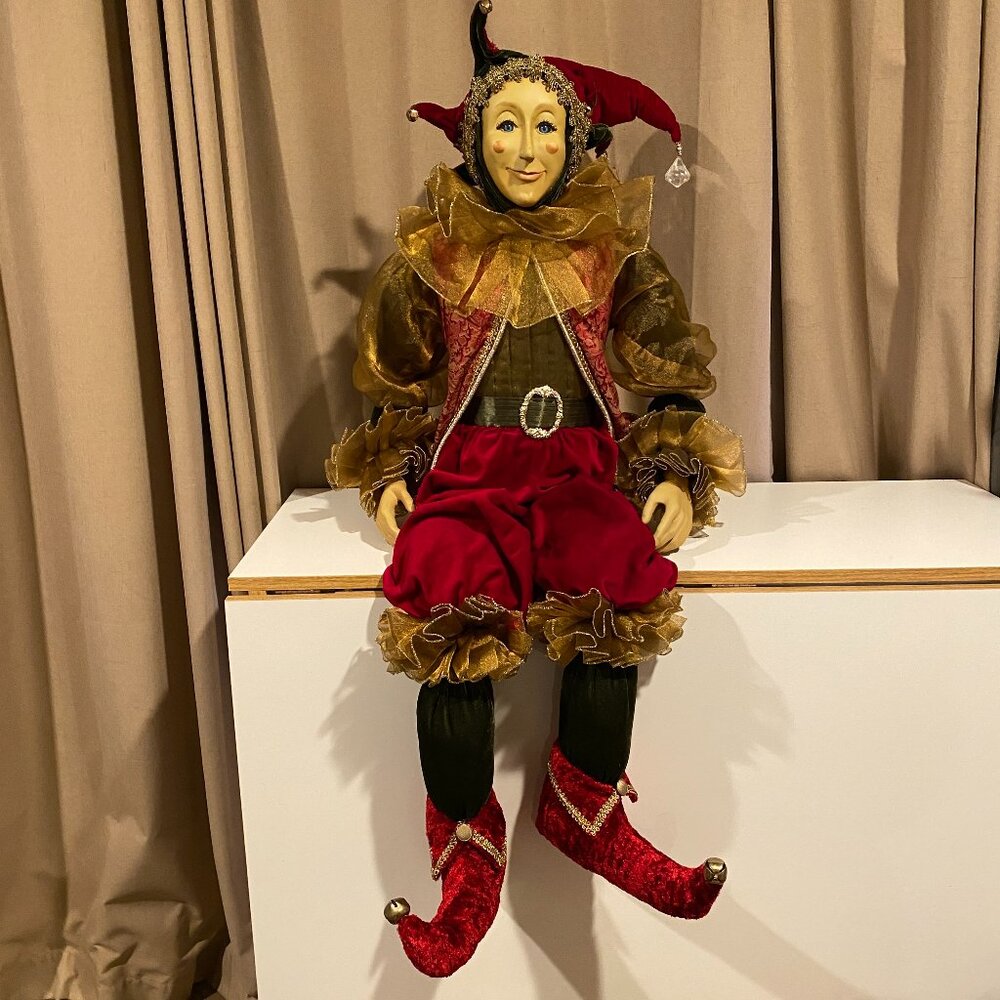 Vintage Life-Size Christmas Elf Jester – 4ft Velvet Decor with Bells